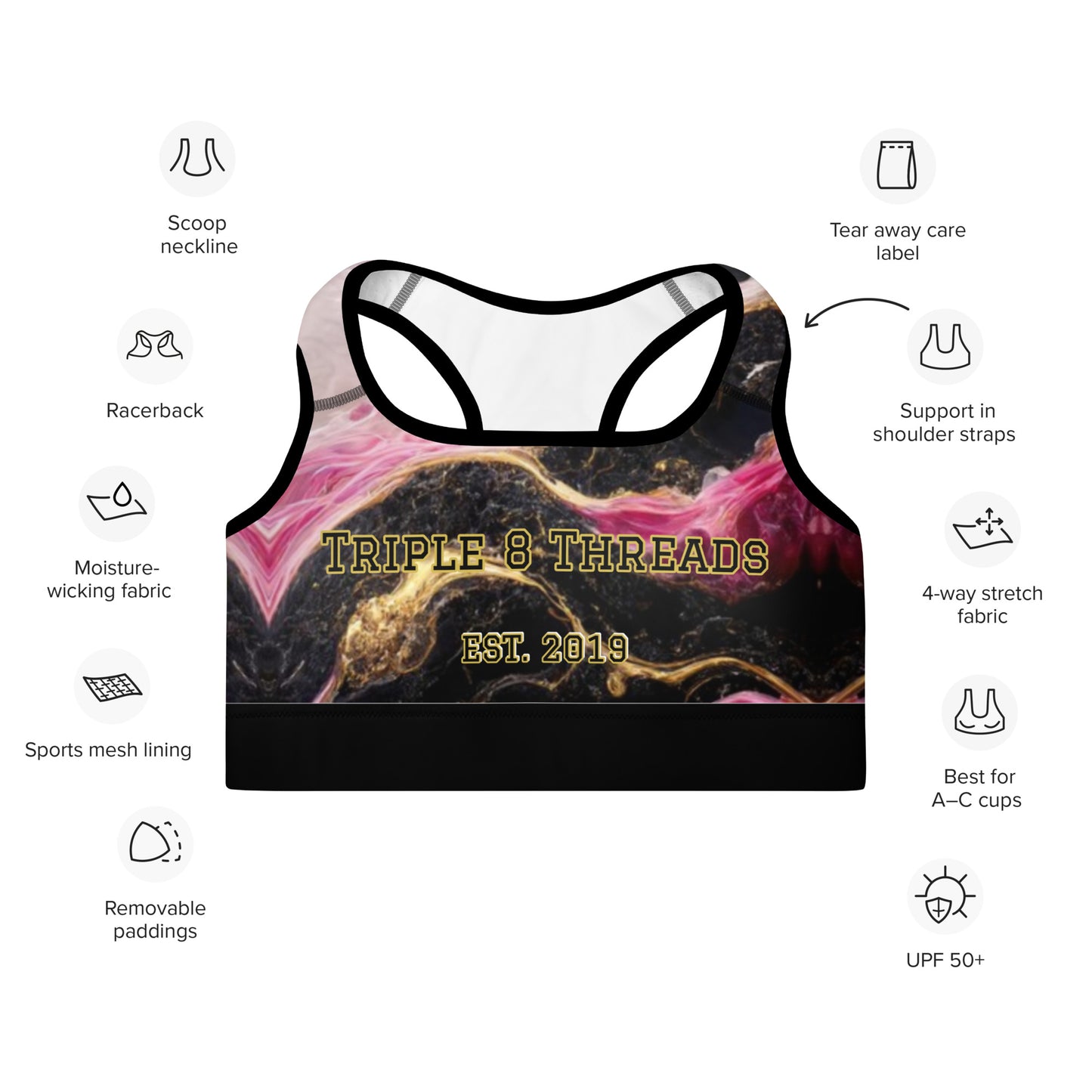 8xquiZit Collection T8T Pynk, Black, N Gold Marble Padded Sports Bra