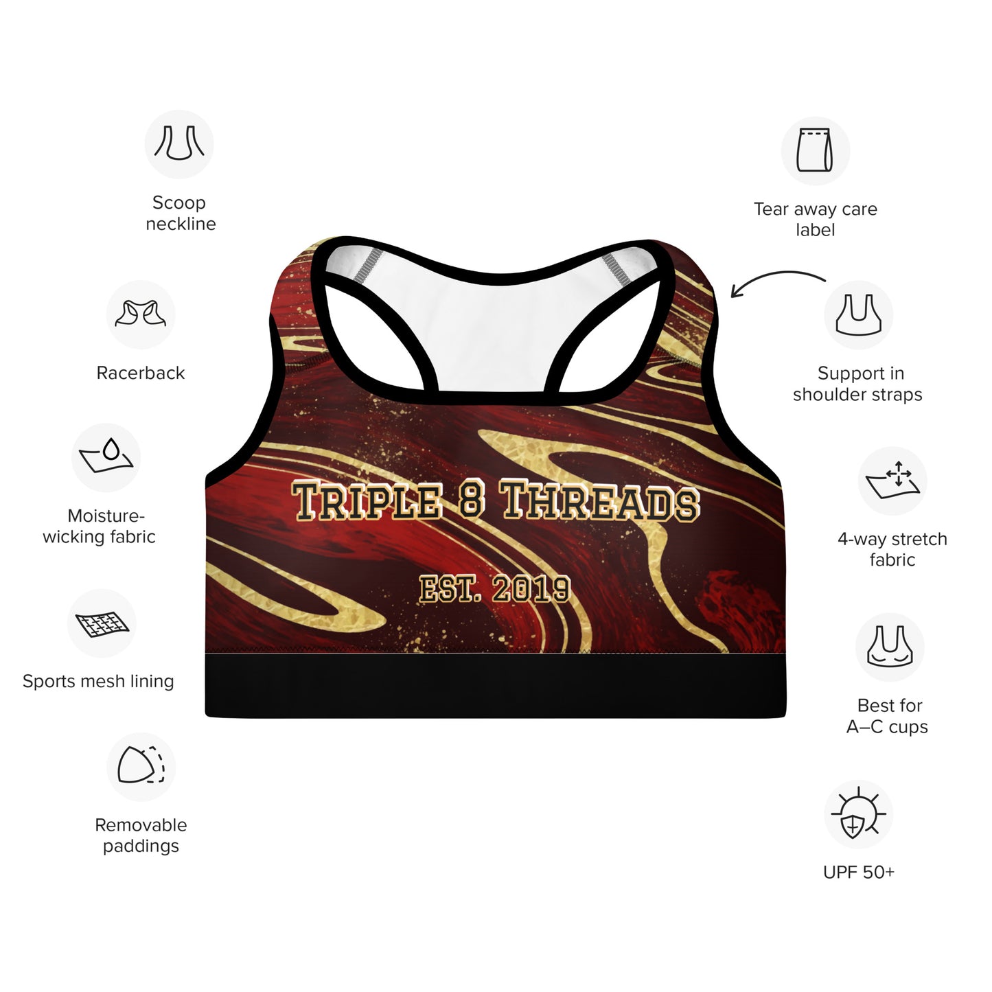 8xquiZit Collection T8T Ruby Red N Gold Marble Padded Sports Bra