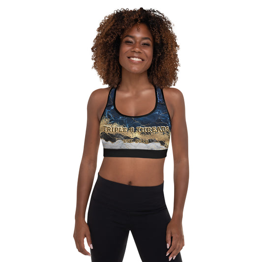 8xquiZit Collection T8T Tri-color Blue, Gold, & White Marble Padded Sports Bra