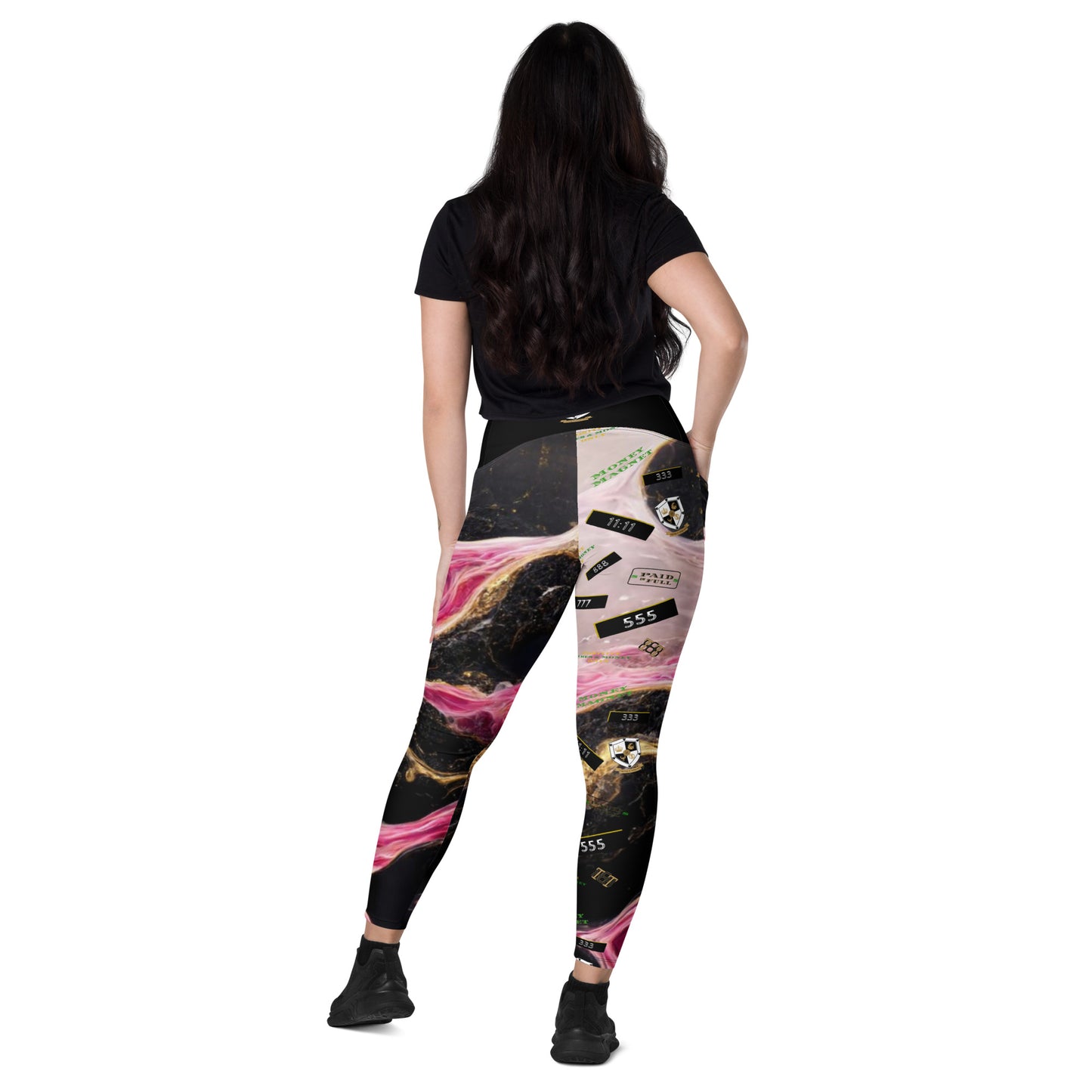 8xquiZit Collection - Women's Manifestation Pynk, Black, N Gold Marble Crossover leggings with pockets