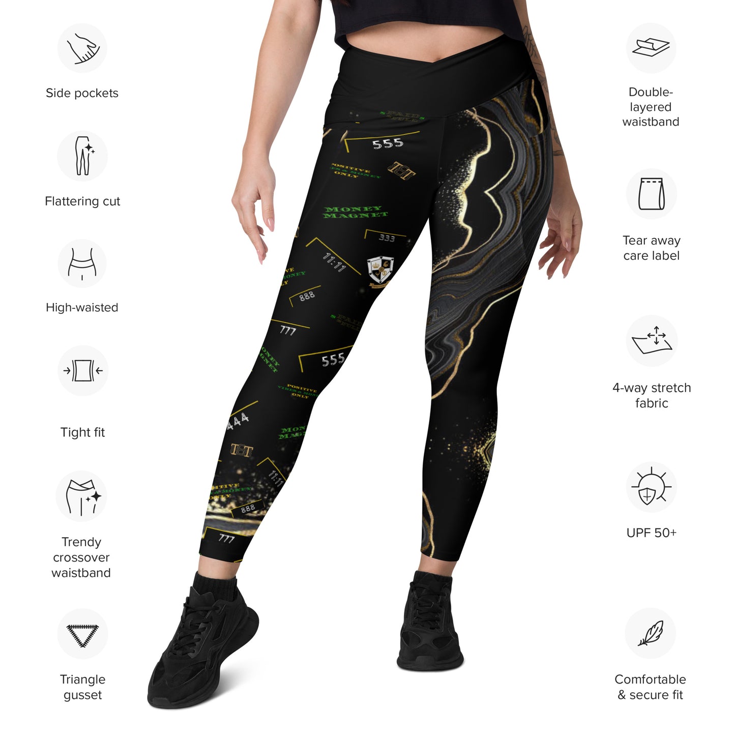 8xquiZit Collection - Women's Manifestation Deep Black N Gold Crossover leggings with pockets