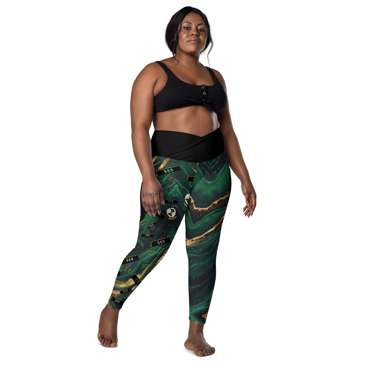 8xquiZit Collection - Women's Manifestation Emerald Green N Gold Marble Crossover Leggings with Pockets