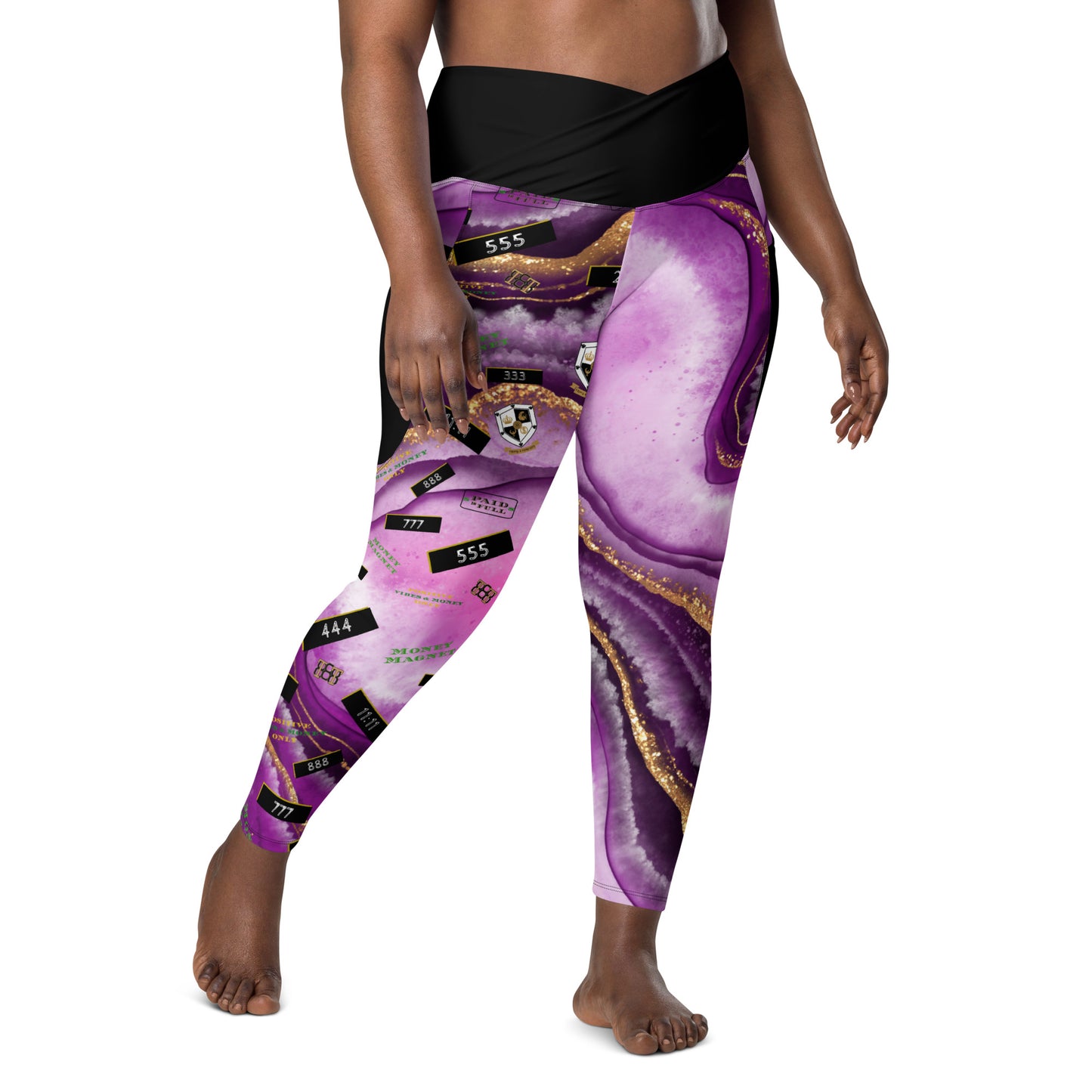 8xquiZit Collection - Women's Manifestation Royal Purple N Gold Marble Crossover Leggings with Pockets
