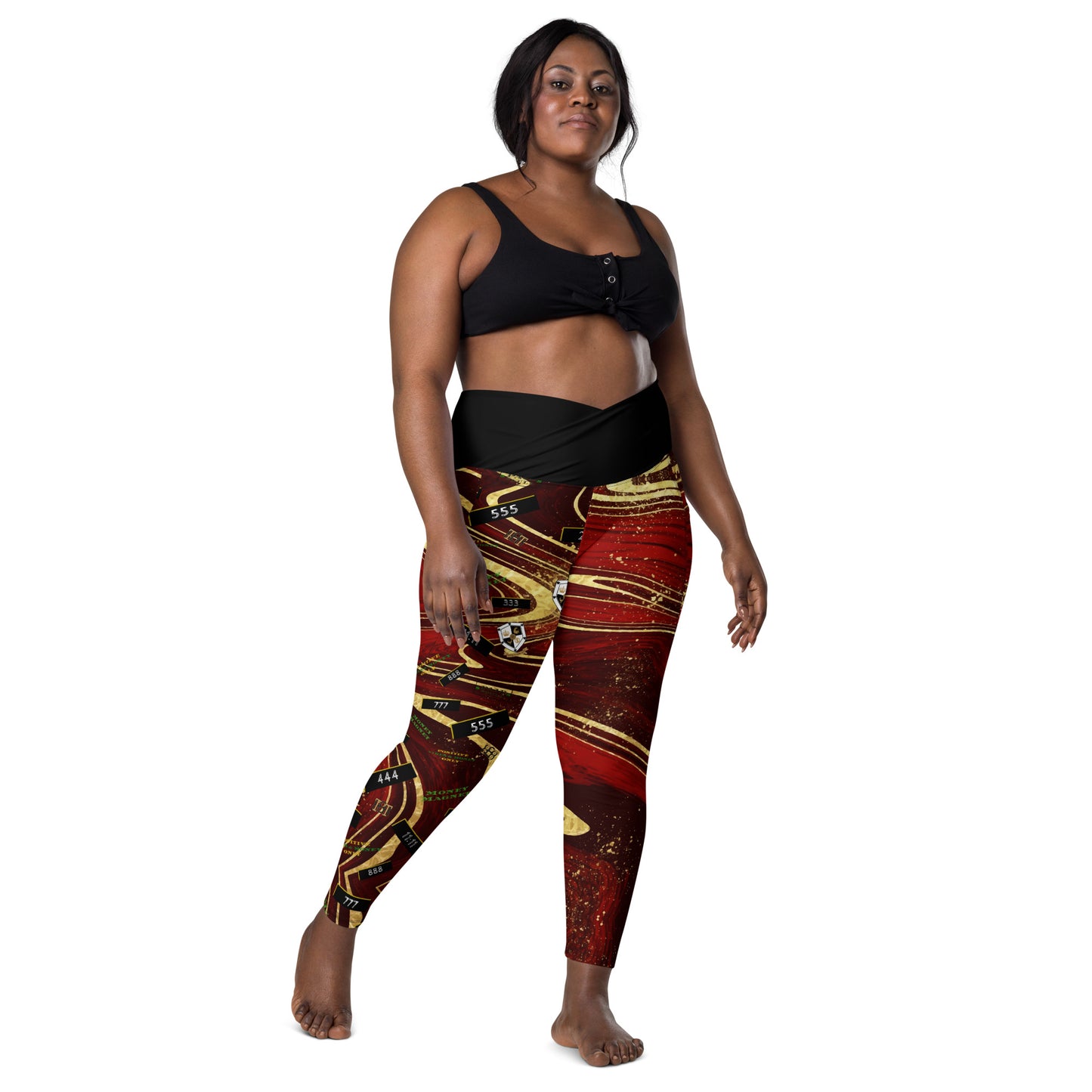 8xquiZit Collection - Women's Manifestation Ruby Red N Gold Marble Crossover Leggings with Pockets