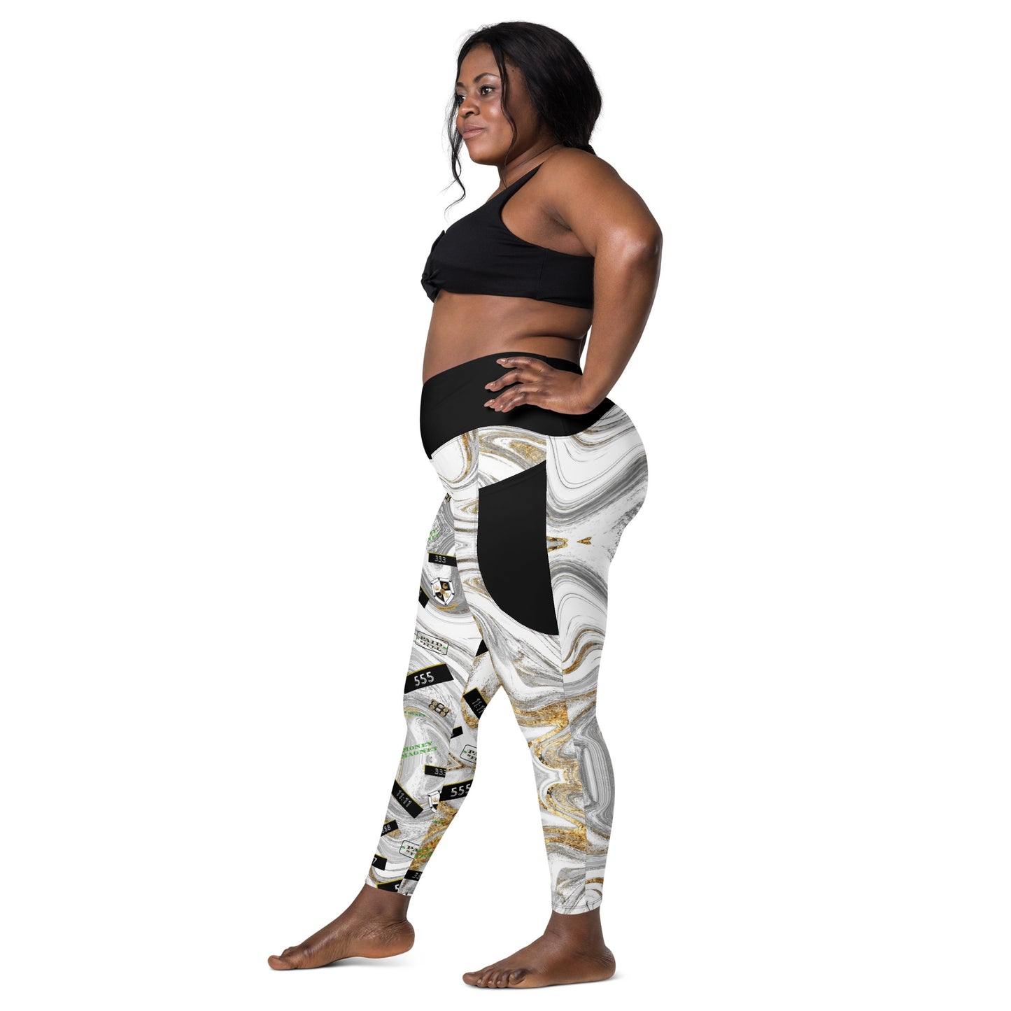 8xquiZit Collection - Women's White N Gold Marble Manifestation Crossover leggings with pockets