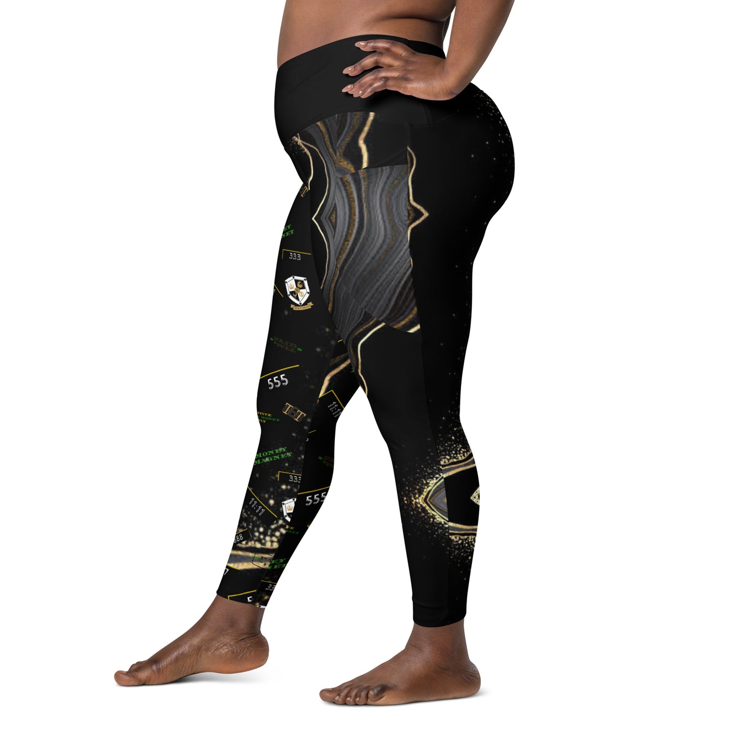 8xquiZit Collection - Women's Manifestation Deep Black N Gold Crossover leggings with pockets