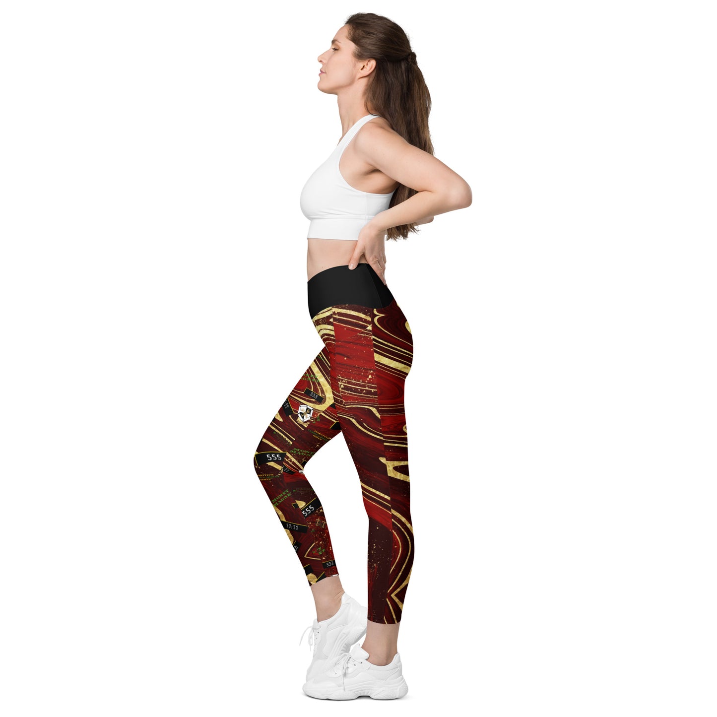 8xquiZit Collection - Women's Manifestation Ruby Red N Gold Marble Crossover Leggings with Pockets