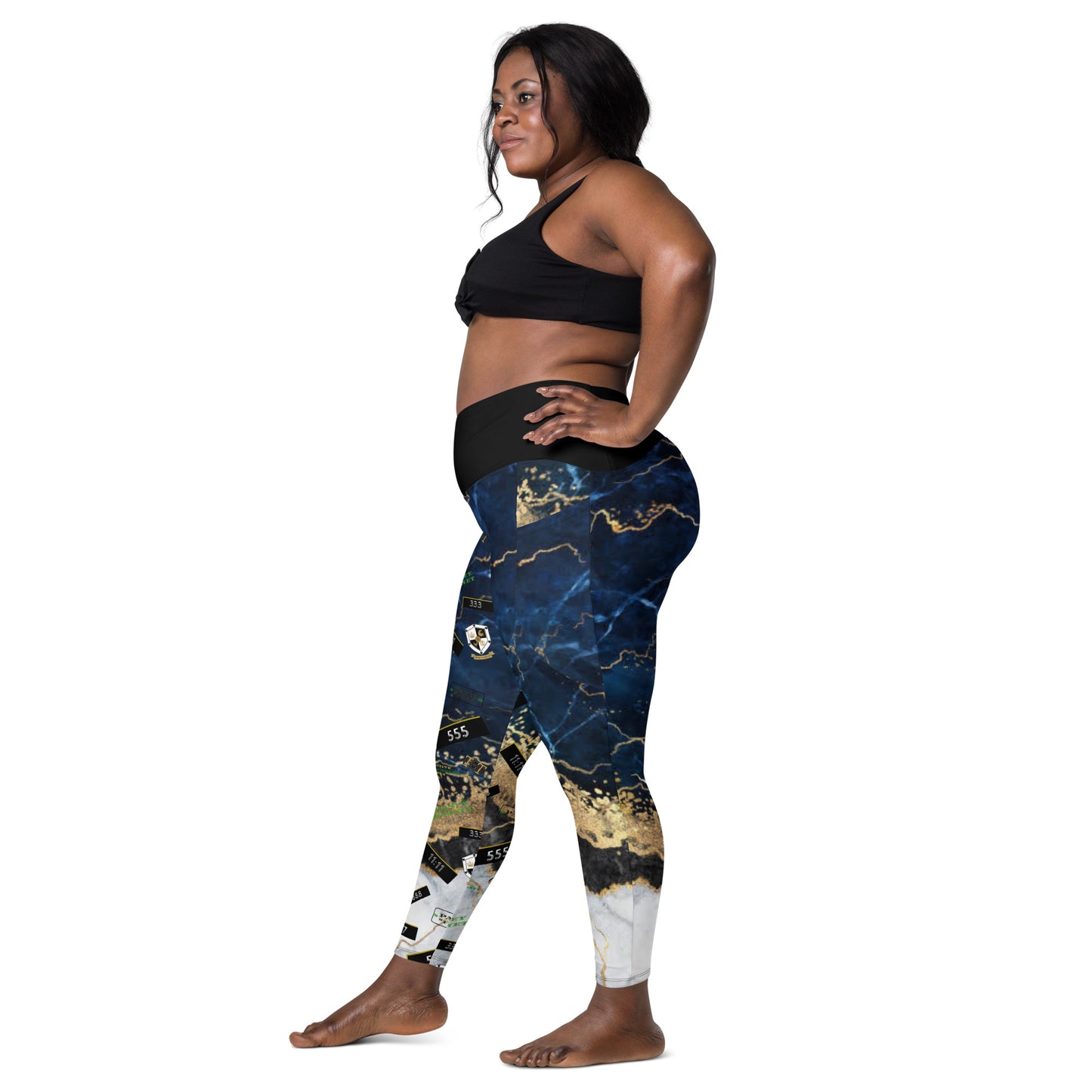 8xquiZit Collection - Women's Manifestation Tri-color Blue, Gold, & White Marble Crossover Leggings with Pockets