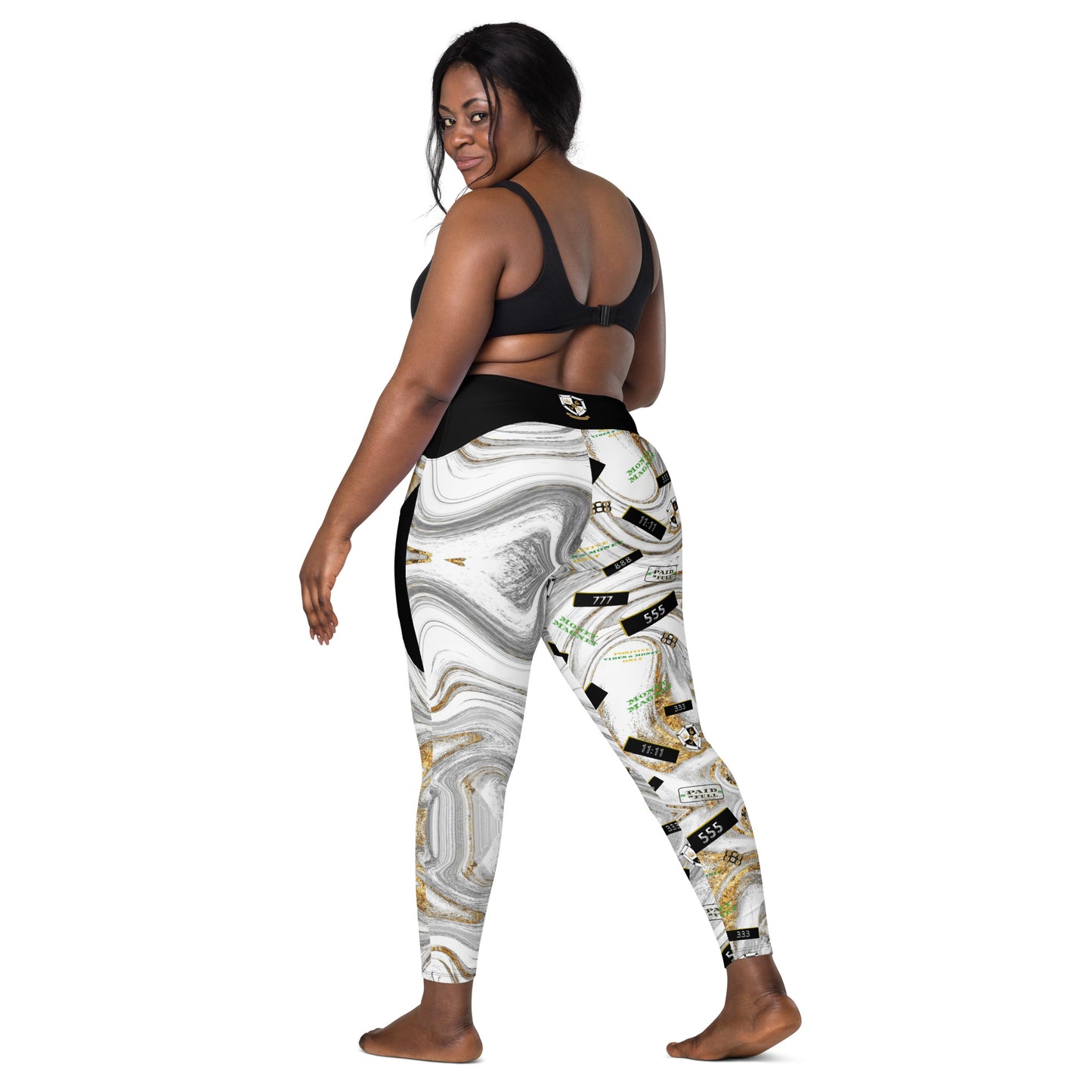 8xquiZit Collection - Women's White N Gold Marble Manifestation Crossover leggings with pockets