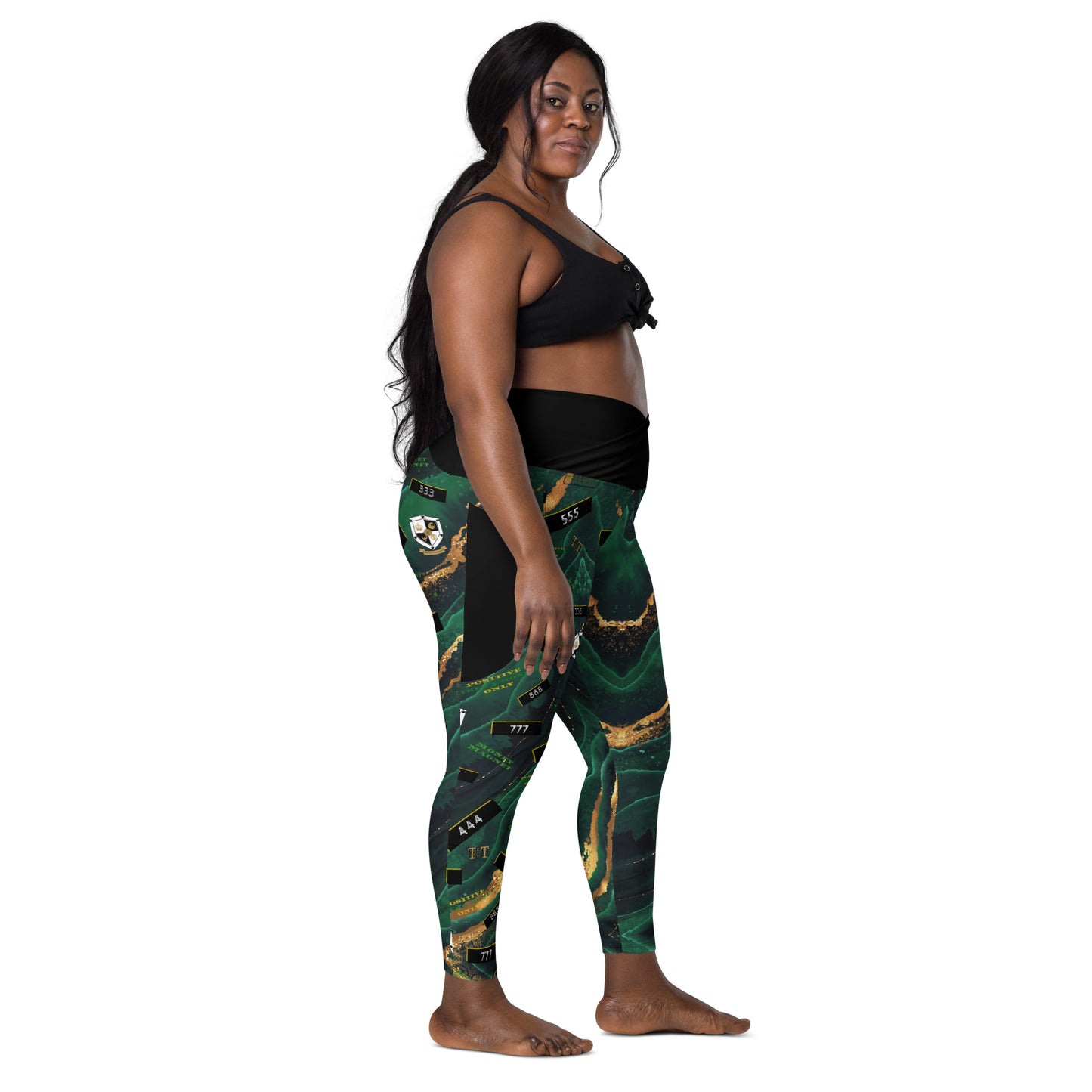 8xquiZit Collection - Women's Manifestation Emerald Green N Gold Marble Crossover Leggings with Pockets
