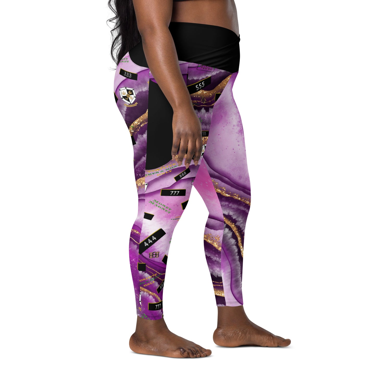 8xquiZit Collection - Women's Manifestation Royal Purple N Gold Marble Crossover Leggings with Pockets