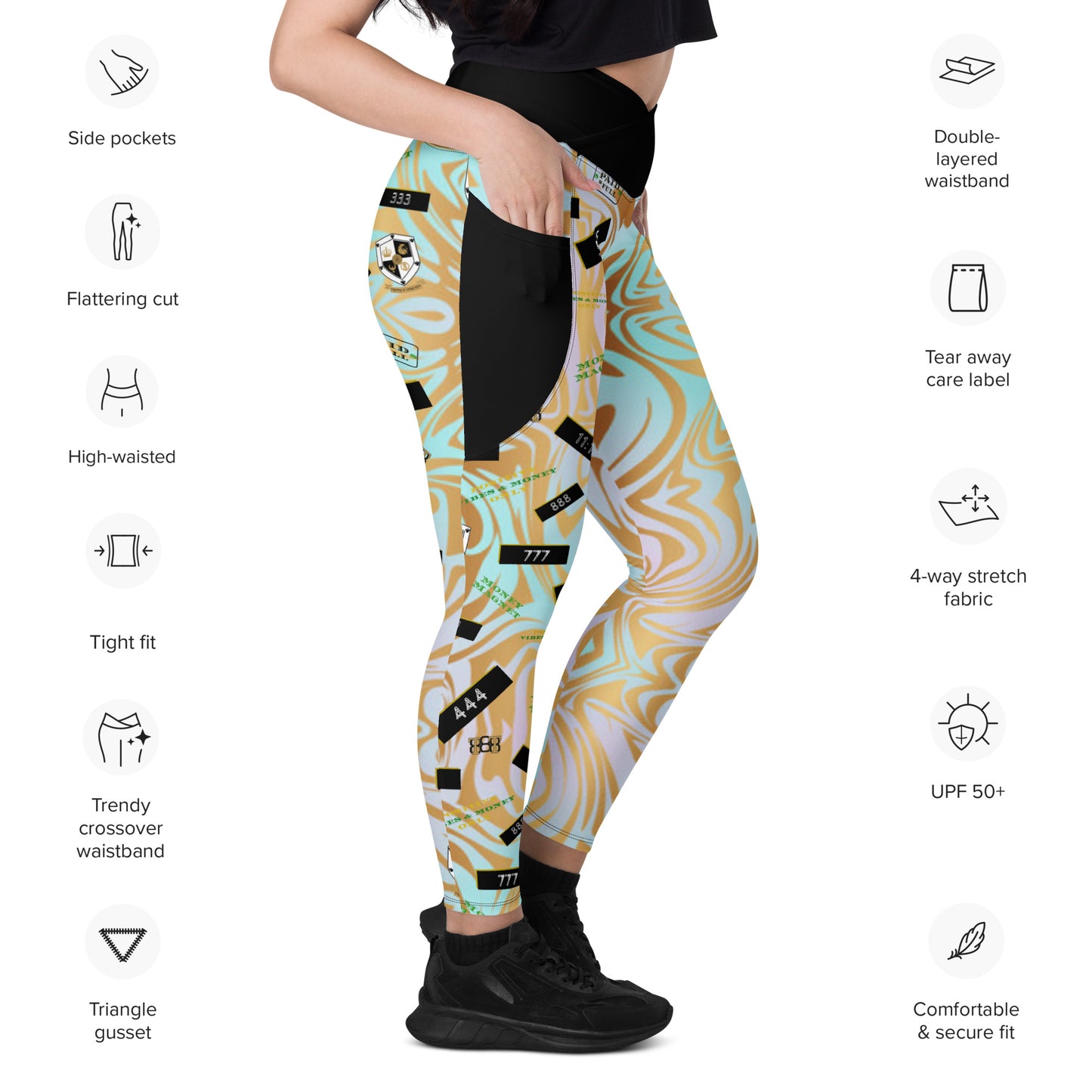 8xquiZit Collection - Women's Manifestation Pynk N Turq Jungle Luv Crossover Leggings with Pockets
