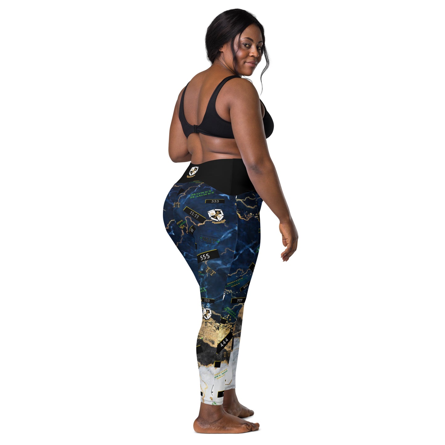 8xquiZit Collection - Women's Manifestation Tri-color Blue, Gold, & White Marble Crossover Leggings with Pockets