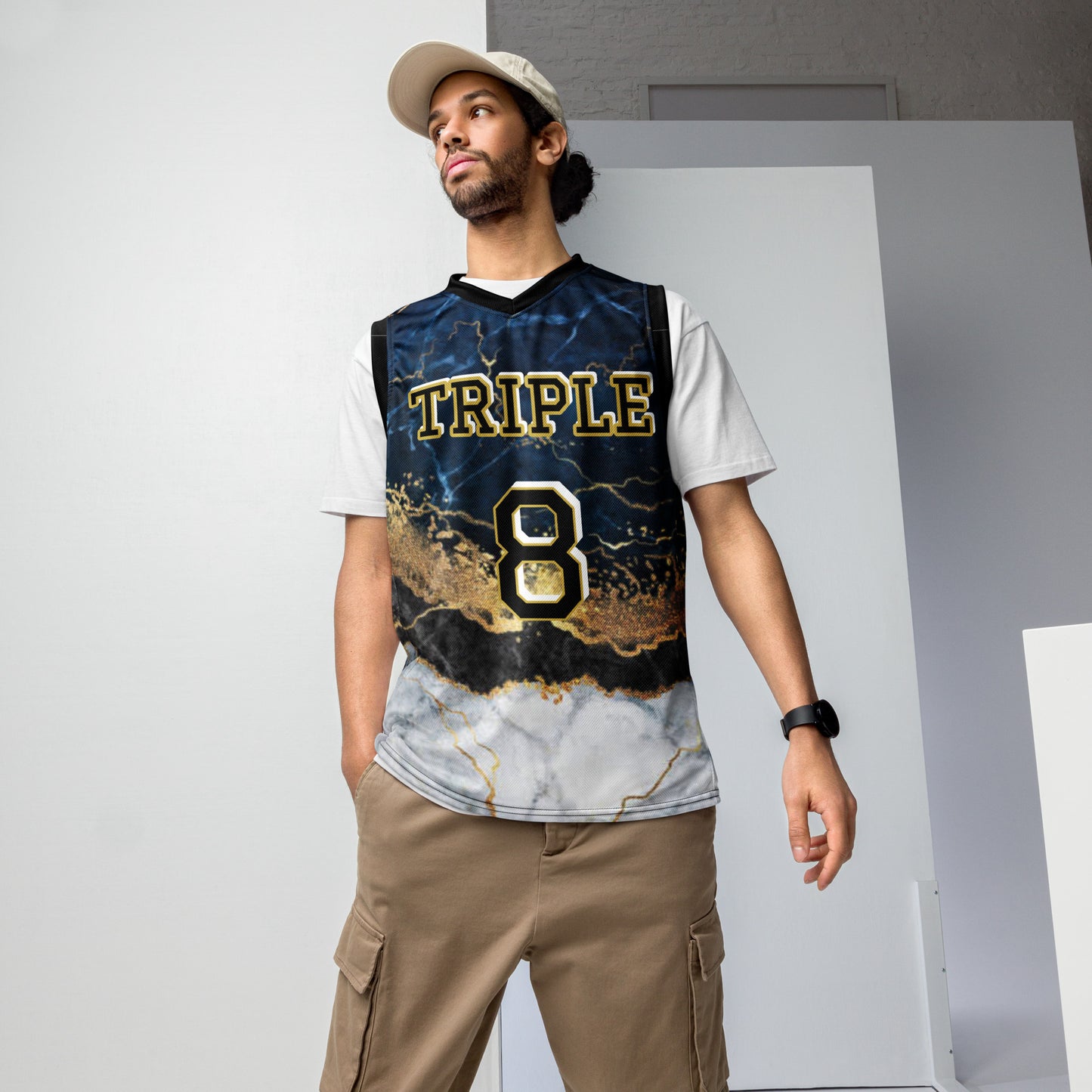 8xquiZit Collection -  Tri-color Blue, Gold, & White Marble Unisex Basketball Jersey