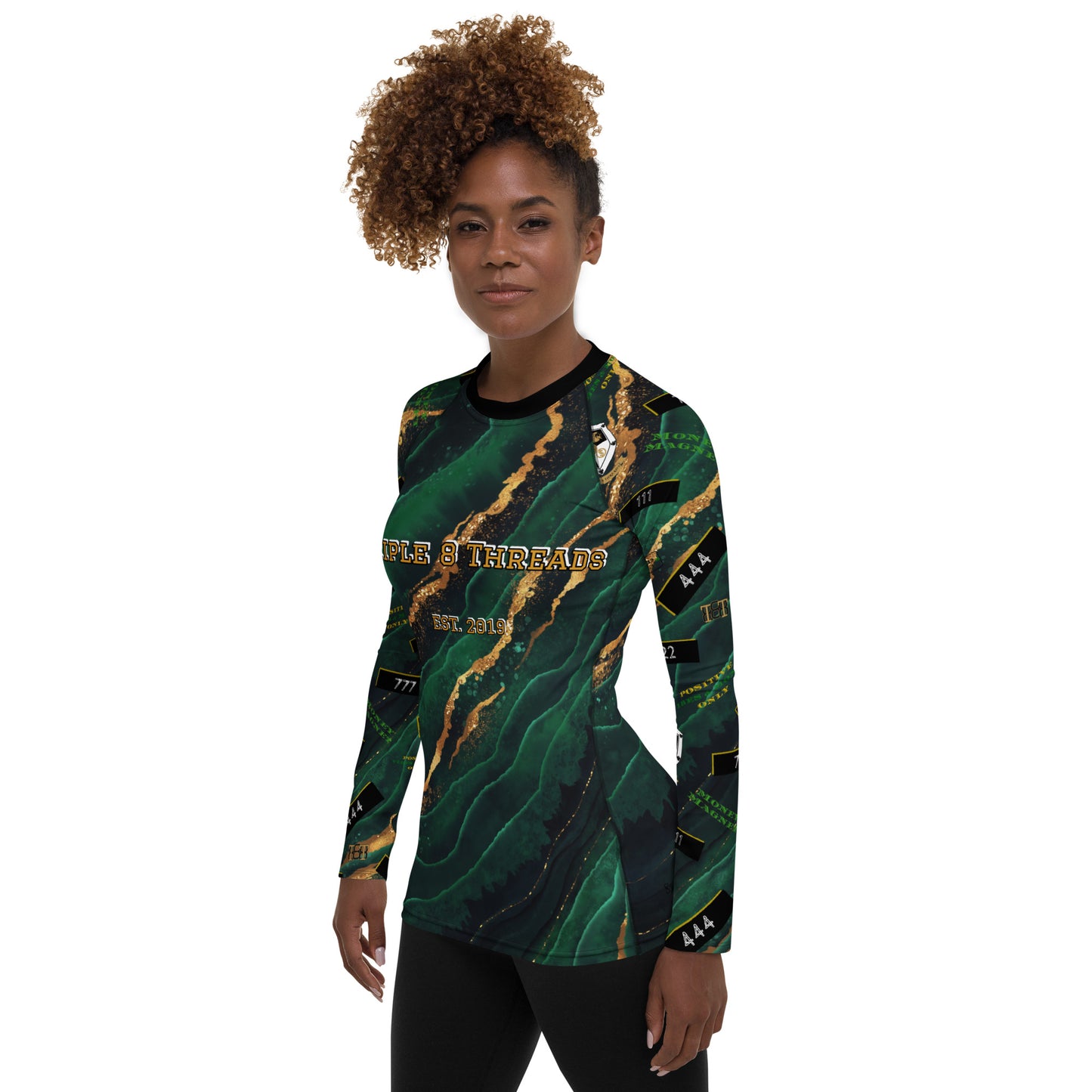 8xquiZit Collection - Women's Manifestation Emerald Green N Gold Marble Long Sleeve Activewear