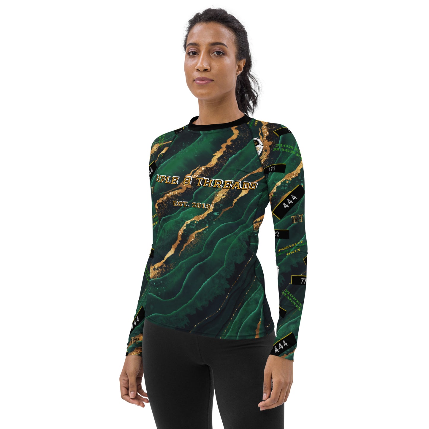 8xquiZit Collection - Women's Manifestation Emerald Green N Gold Marble Long Sleeve Activewear