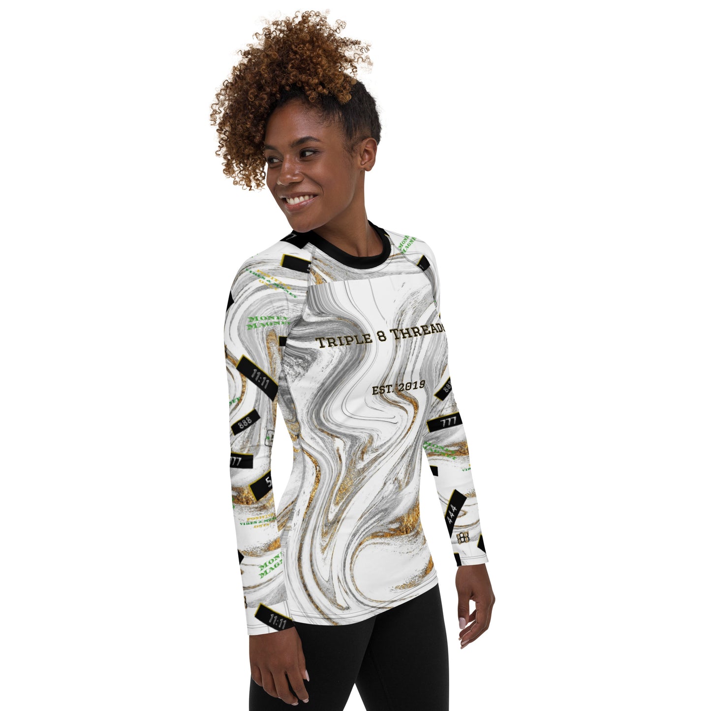 8xquiZit Collection - Women's Manifestation White N Gold Marble Long Sleeve Activewear