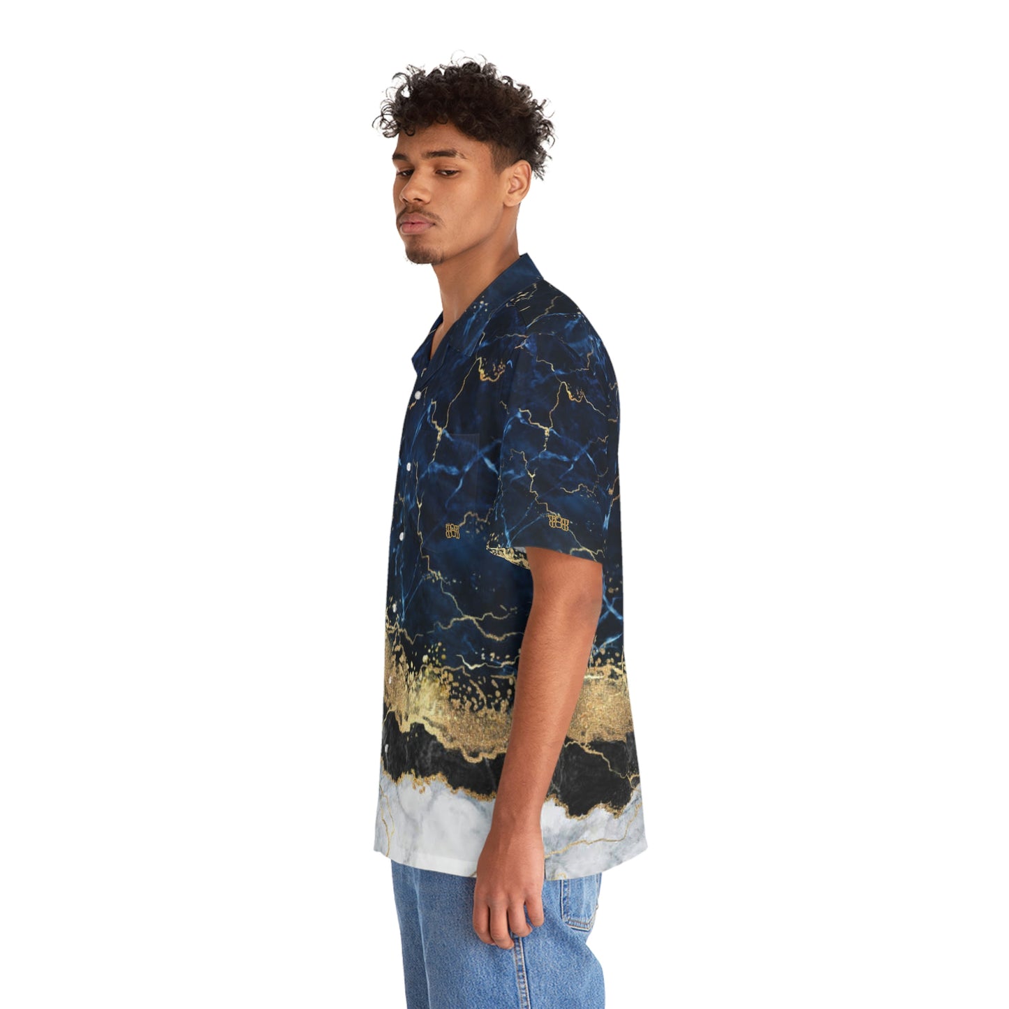 Men's 8xquiZit Collection - Tri-color Blue, Gold, & White Hawaiian Shirt