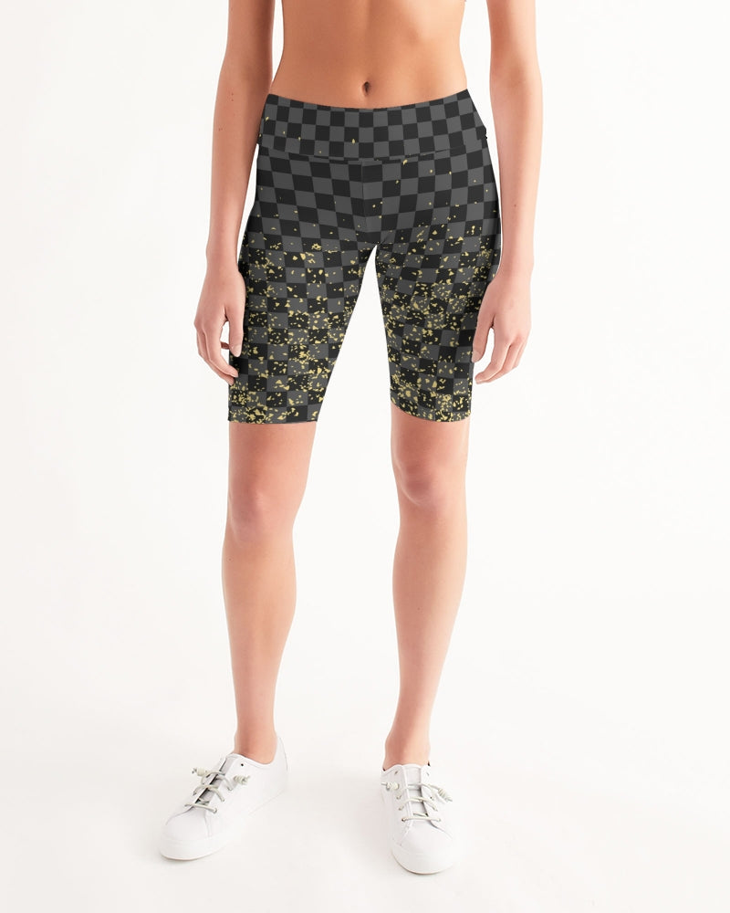 Check Blk n Gry - Gold Women's Mid-Rise Bike Shorts