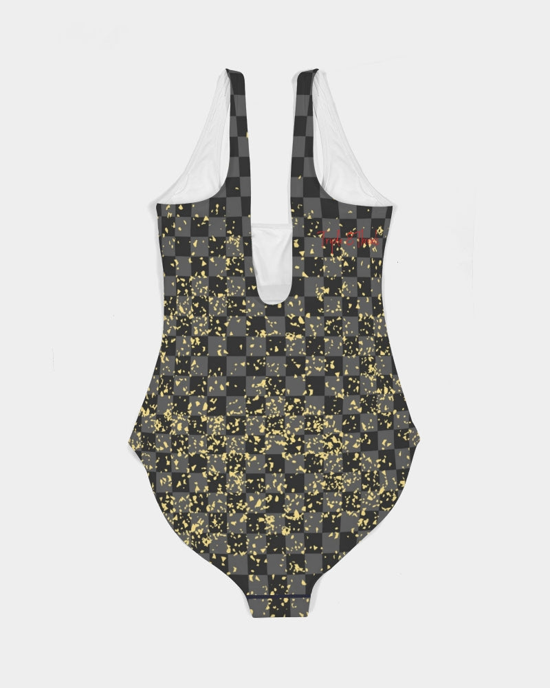 Check Blk n Gry - Gold Women's One-Piece Swimsuit