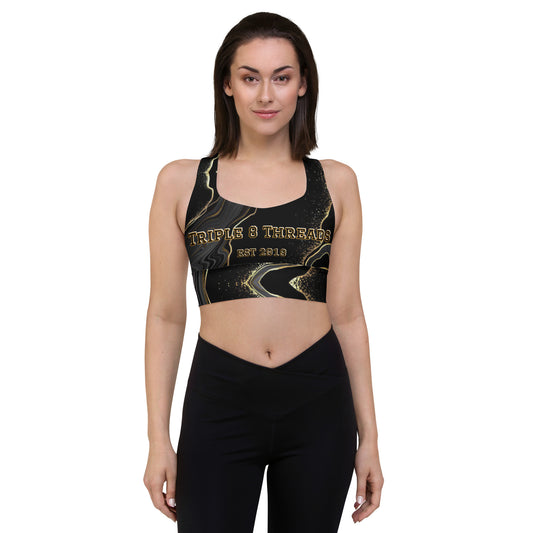 8xquiZit Collection - Women's Deep Black n Gold Marble Longline Sports Bra