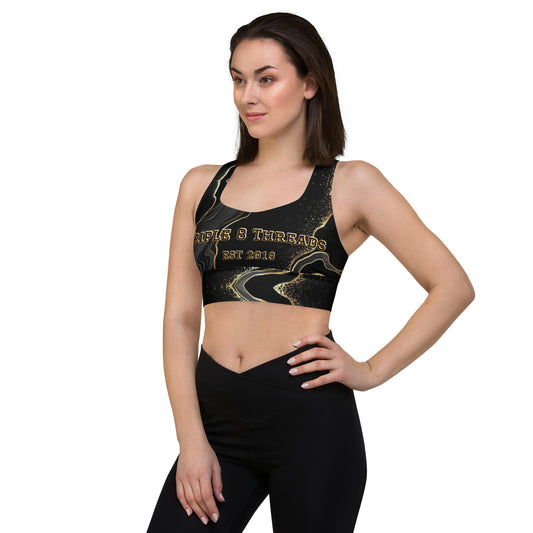 8xquiZit Collection - Women's Deep Black n Gold Marble Longline Sports Bra