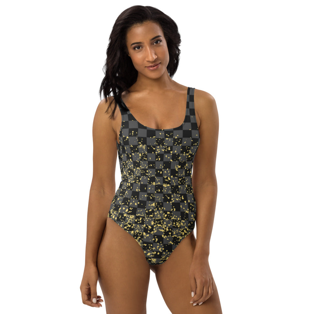 Check Blk n Gry - Gold One-Piece Swimsuit