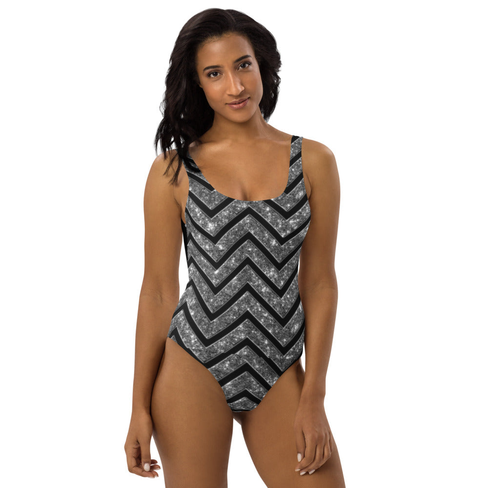 Silver n Black Coruscate One-Piece Swimsuit