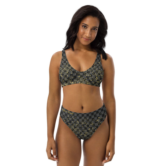 Check Blk n Gry - Gold High-Waisted Bikini