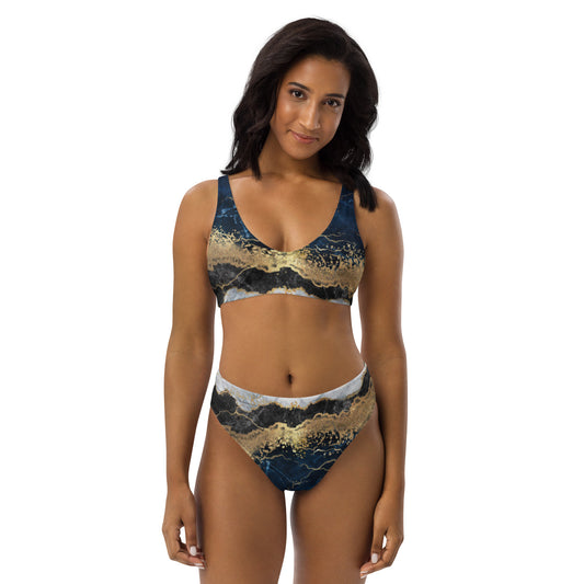 8xquiZit Collection - Women's Tri-color Blue, Gold, & White Recycled high-waisted bikini