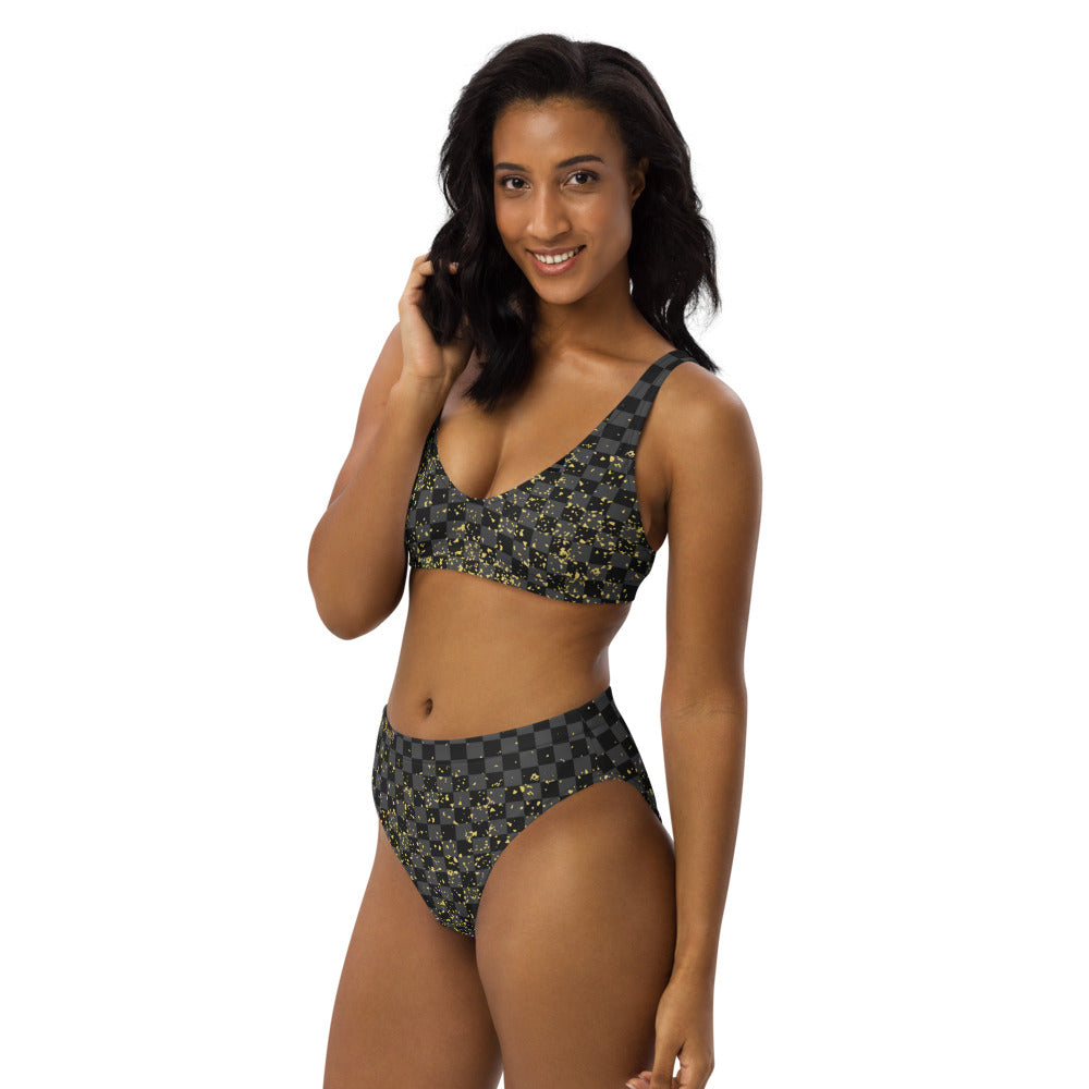 Check Blk n Gry - Gold High-Waisted Bikini