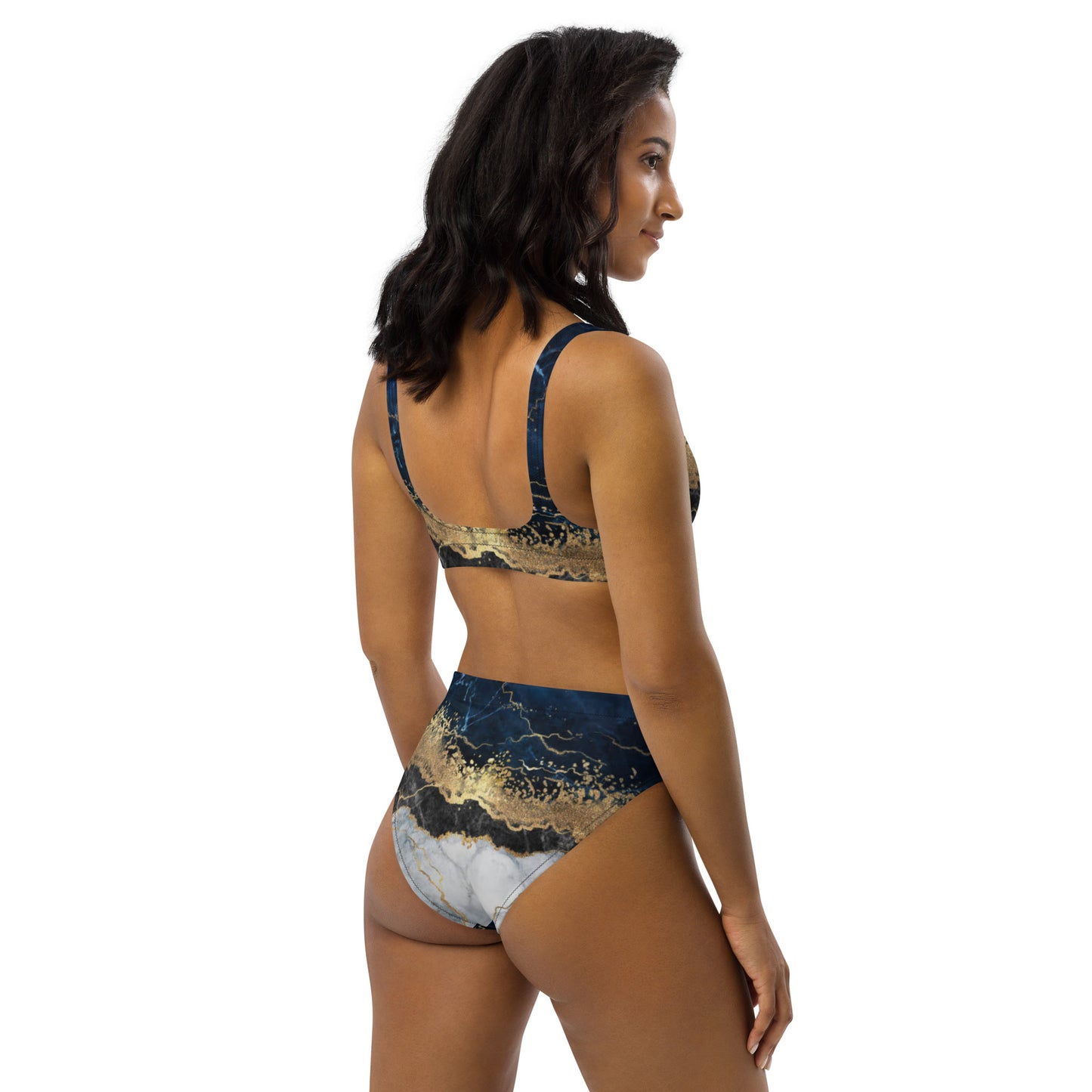 8xquiZit Collection - Women's Tri-color Blue, Gold, & White Recycled high-waisted bikini