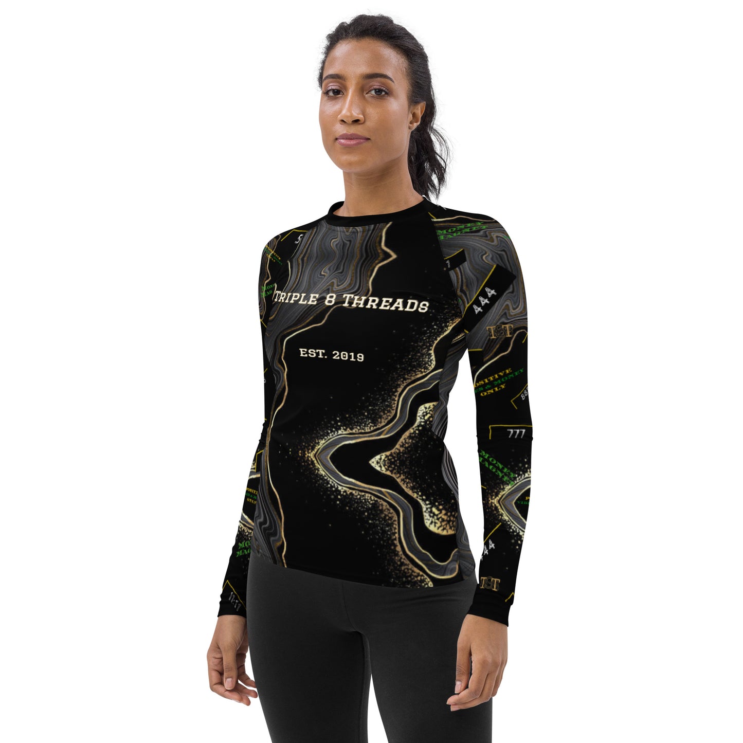 8xquiZit Collection - Women's Manifestation Deep Black n Gold Marble Long Sleeve Activewear