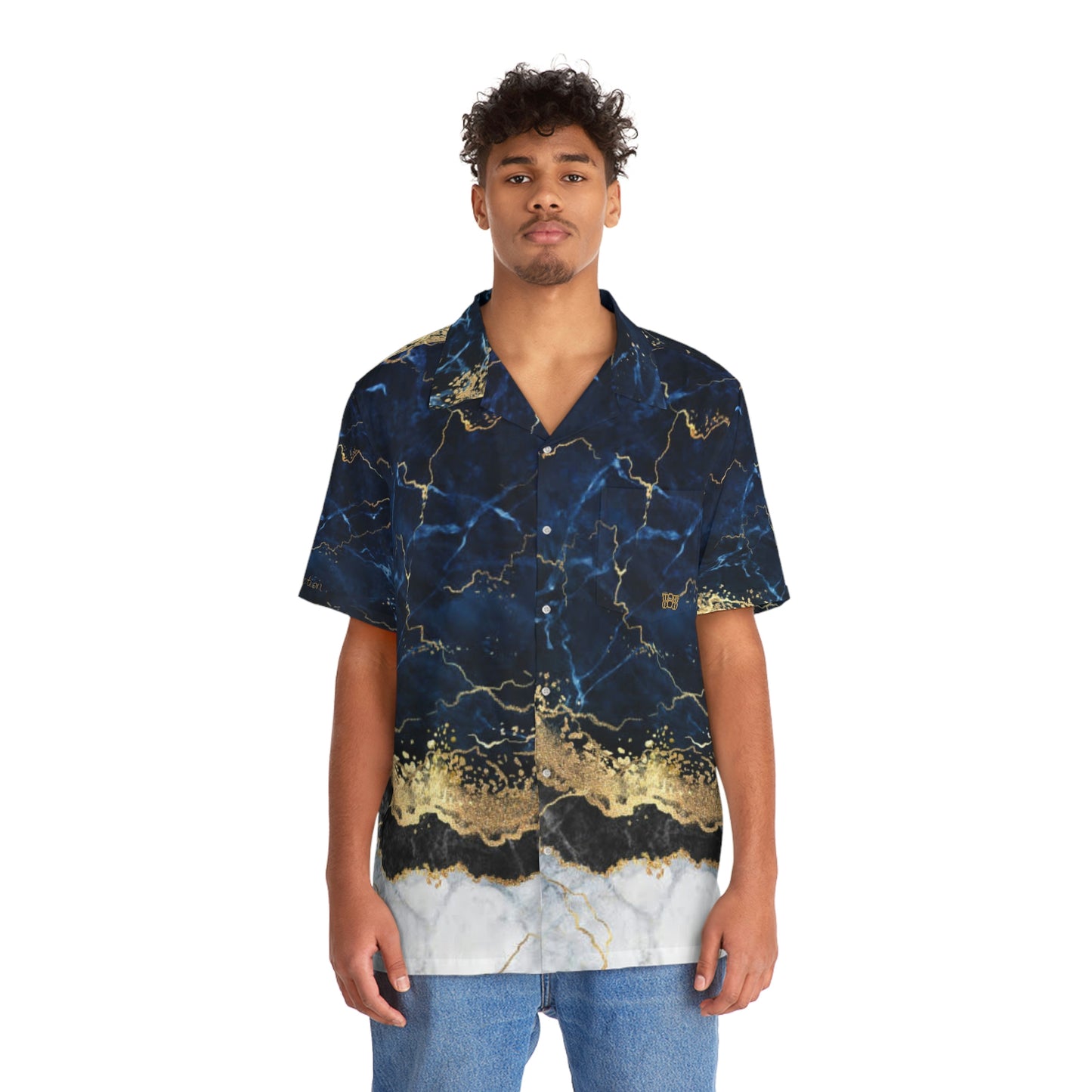 Men's 8xquiZit Collection - Tri-color Blue, Gold, & White Hawaiian Shirt