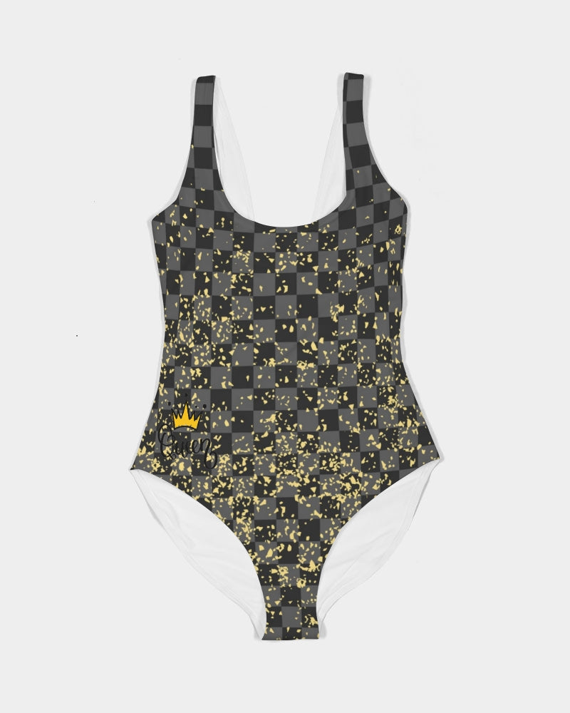 Check Blk n Gry - Gold Women's One-Piece Swimsuit